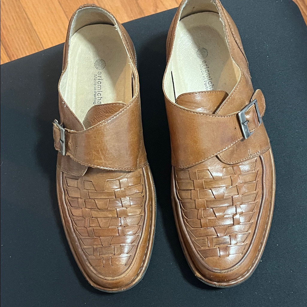 Men’s Eric Michael Tan Leather Loafers Shoes Buckle Woven Leather 8 1/2
